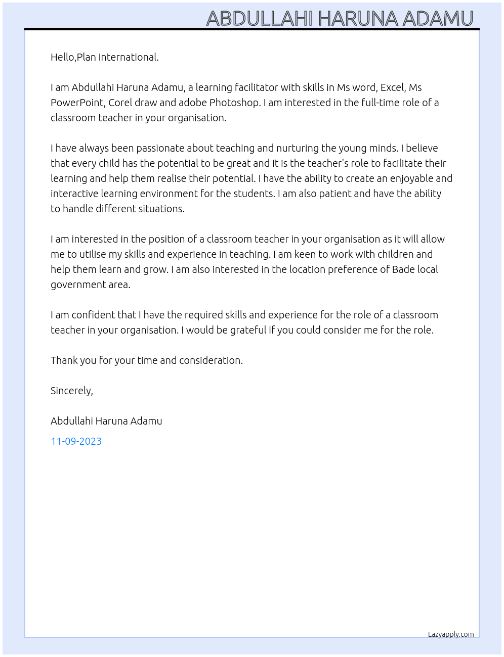 Classroom Teacher  At Learning facilitator  Cover Letter