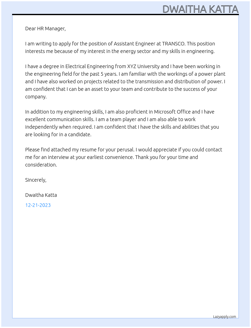 Assistant engineer At TRANSCO Cover Letter