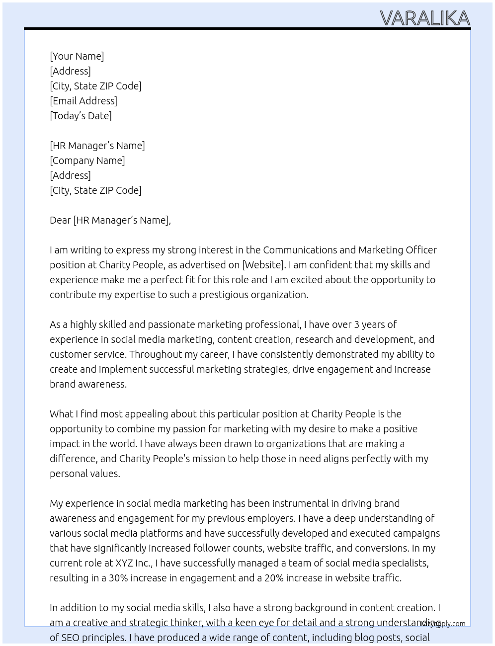 Communications and Marketing Officer  At  Charity People Cover Letter