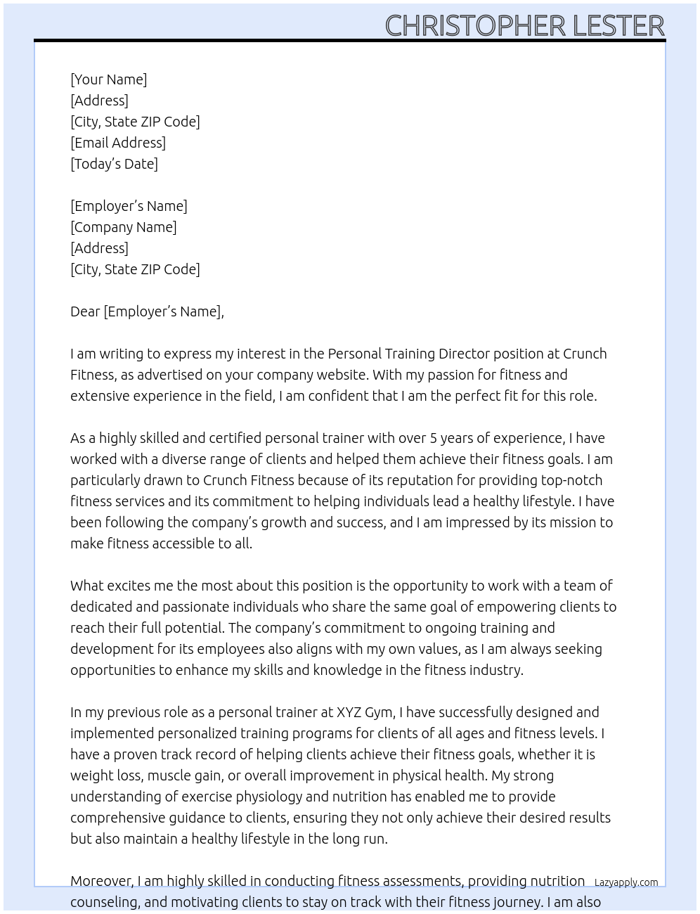 personal trainer At Crunch Fitness Cover Letter