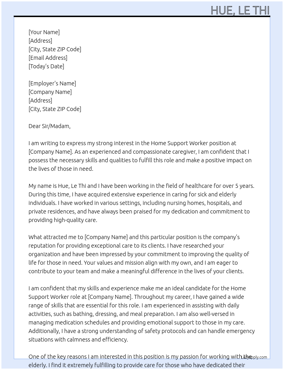 home support worker At 10148665 Cover Letter