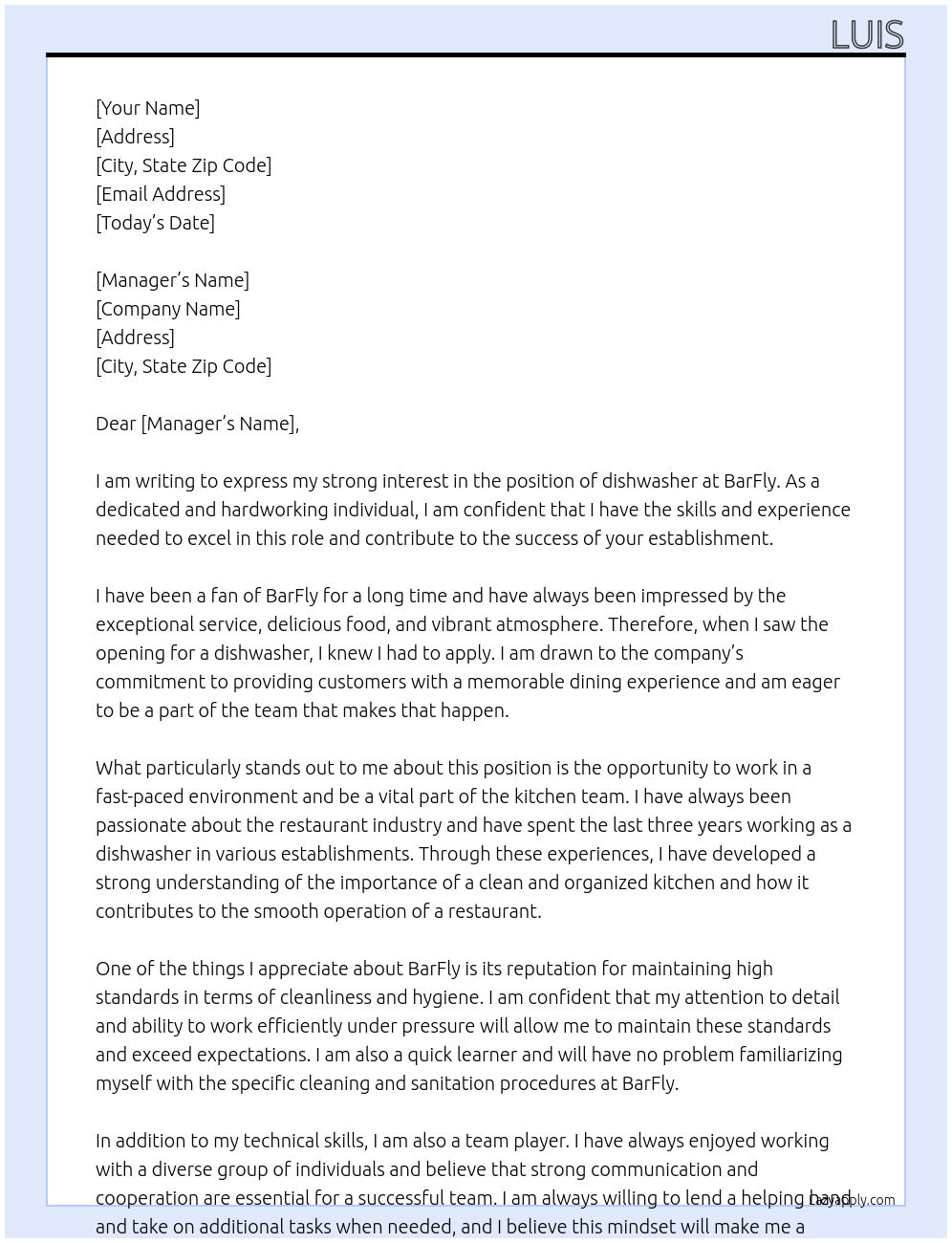 dishwasher At BarFly Cover Letter