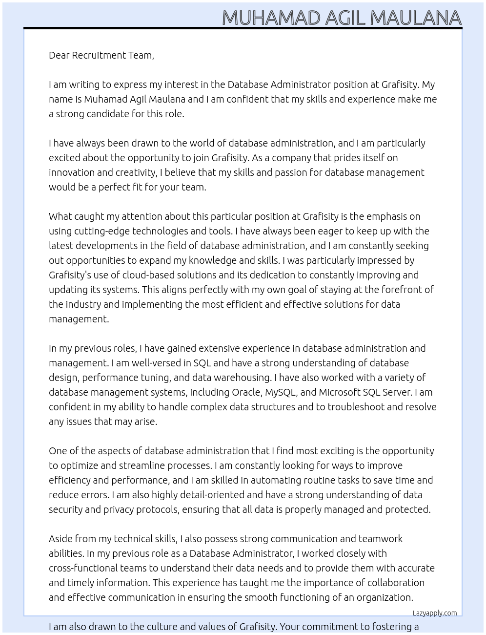 Database Administrator At Grafisity Cover Letter