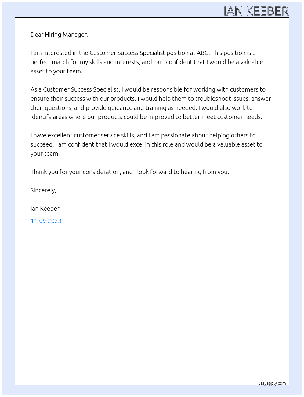 Customer Success Specialist At ABC Cover Letter