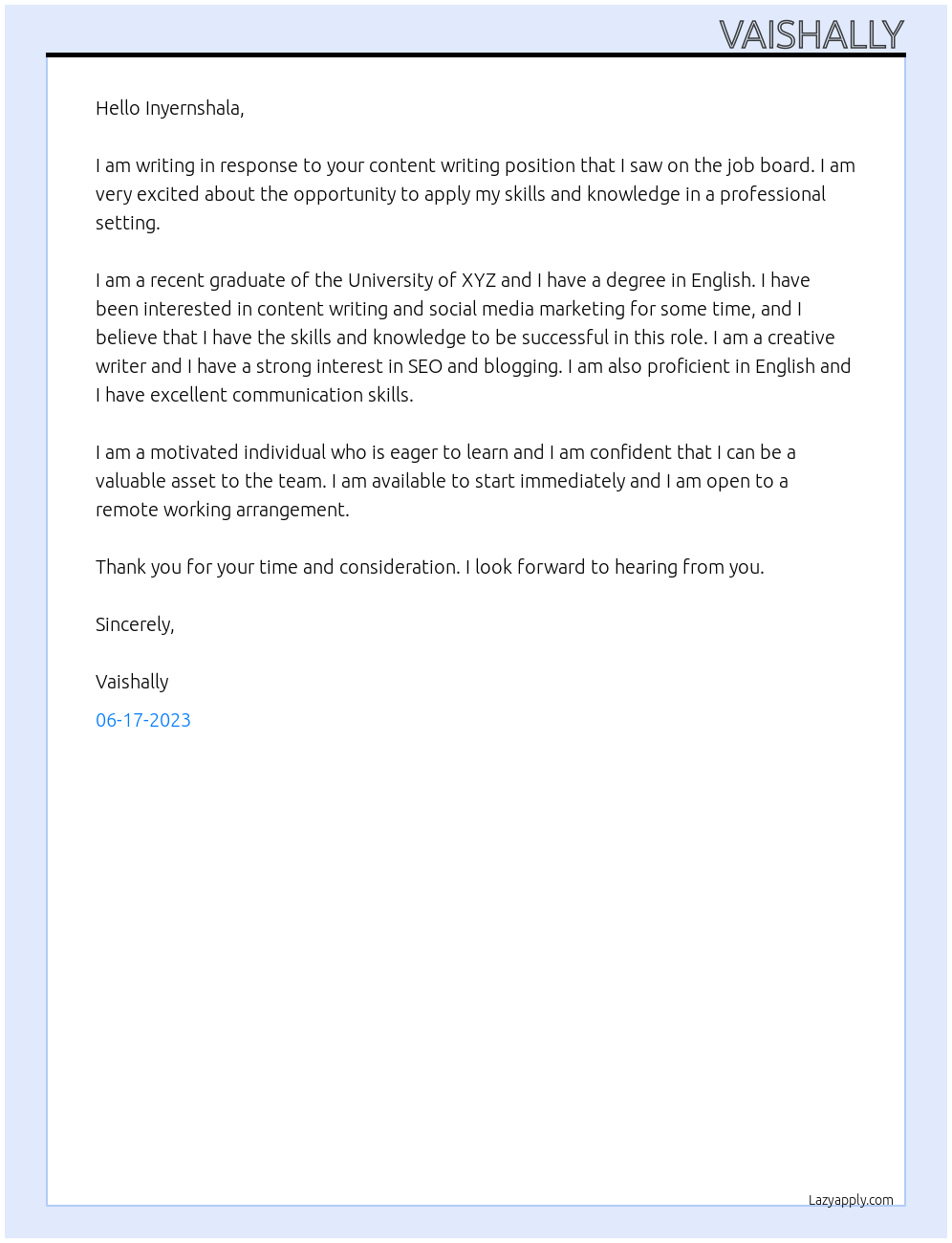 content writing At ZAP Cricket Cover Letter