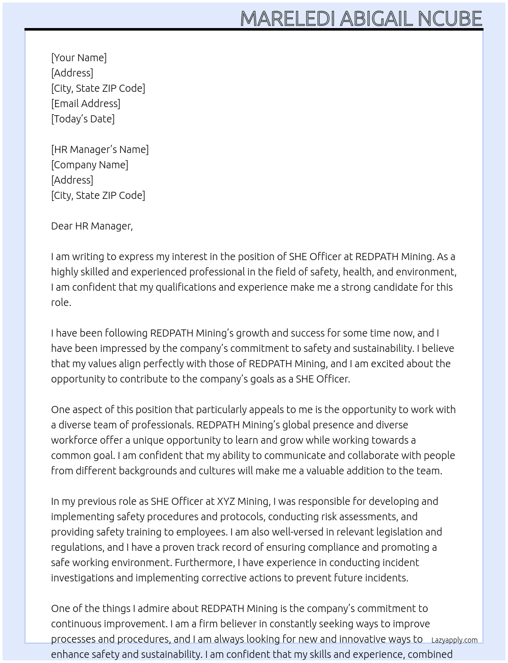 SHE Officer At REDPATH Mining Cover Letter