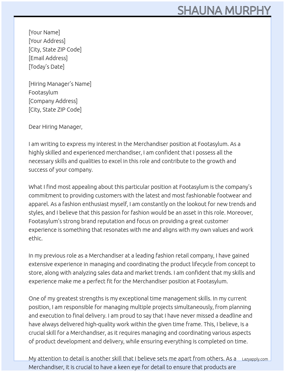 Merchandiser At Footasylum Cover Letter