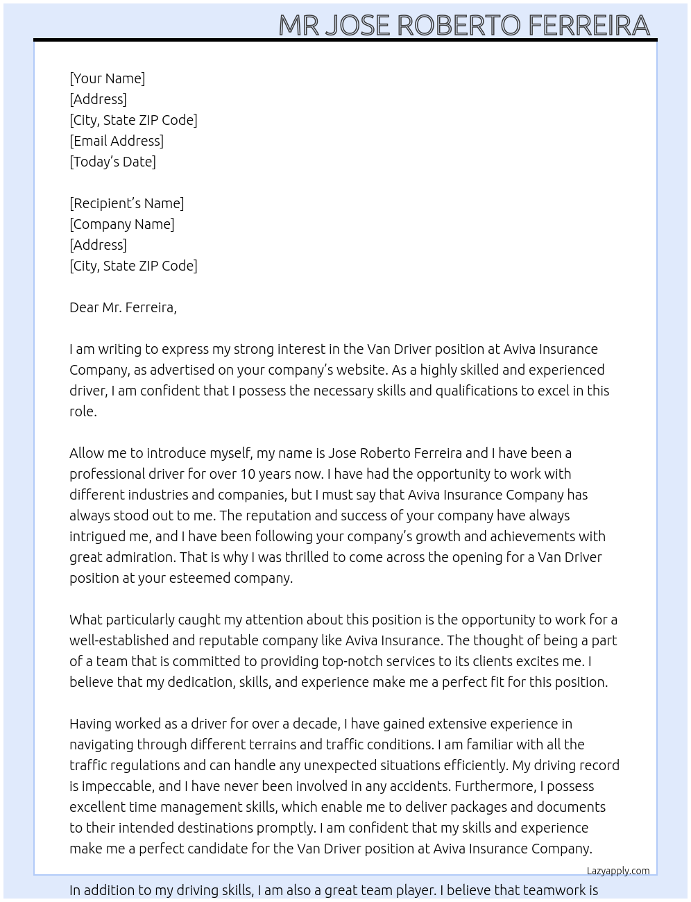 Van Driver At Aviva Insurance Company Cover Letter