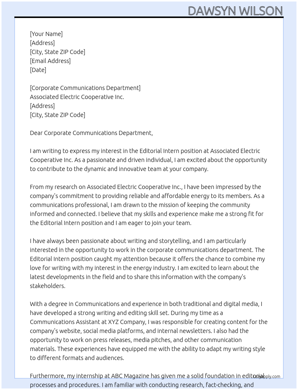 Editorial Intern At Associated Electric Cooperative Inc. Cover Letter
