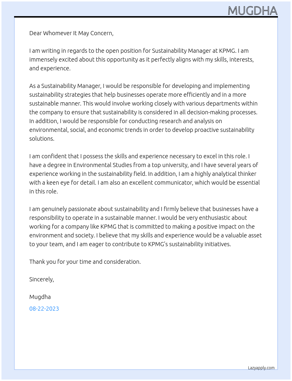 SUSTAINABILITY MANAGER At kpmg Cover Letter