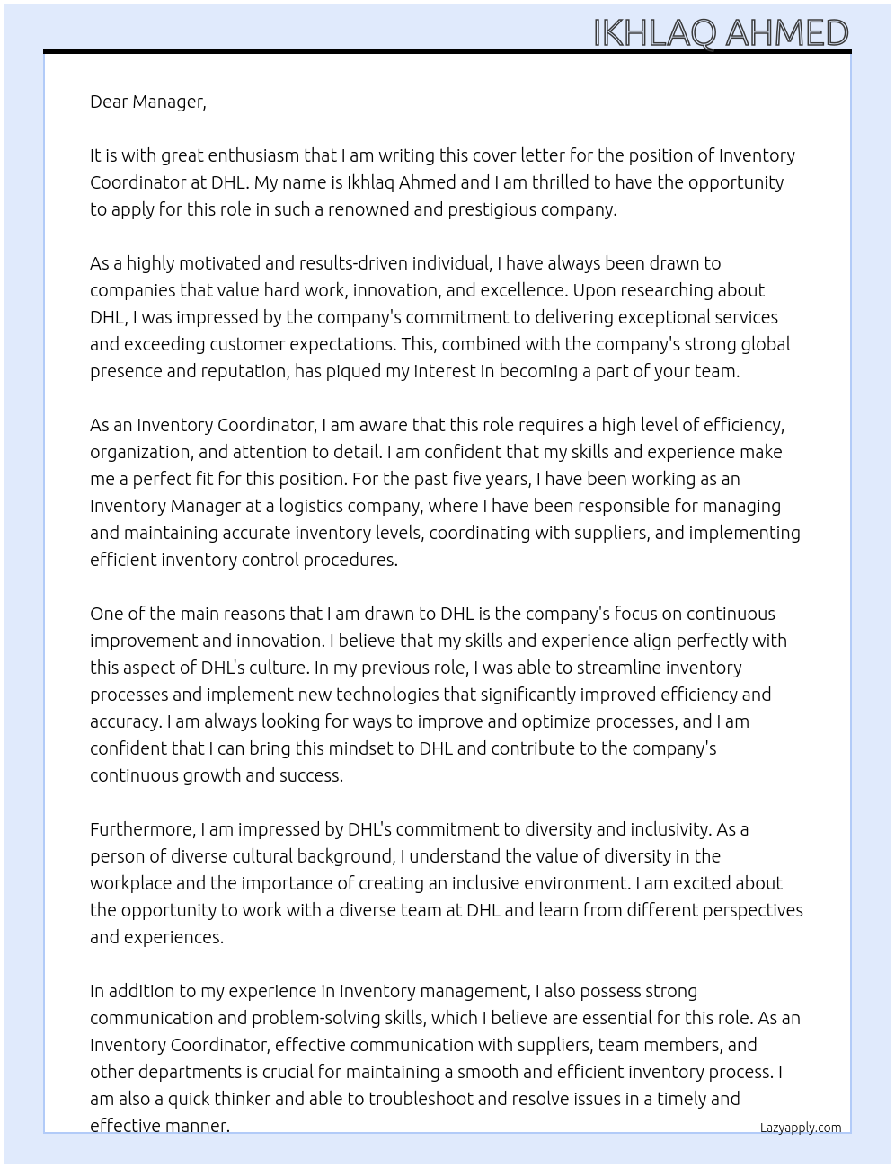 Inventory coordinator  At DHL Cover Letter