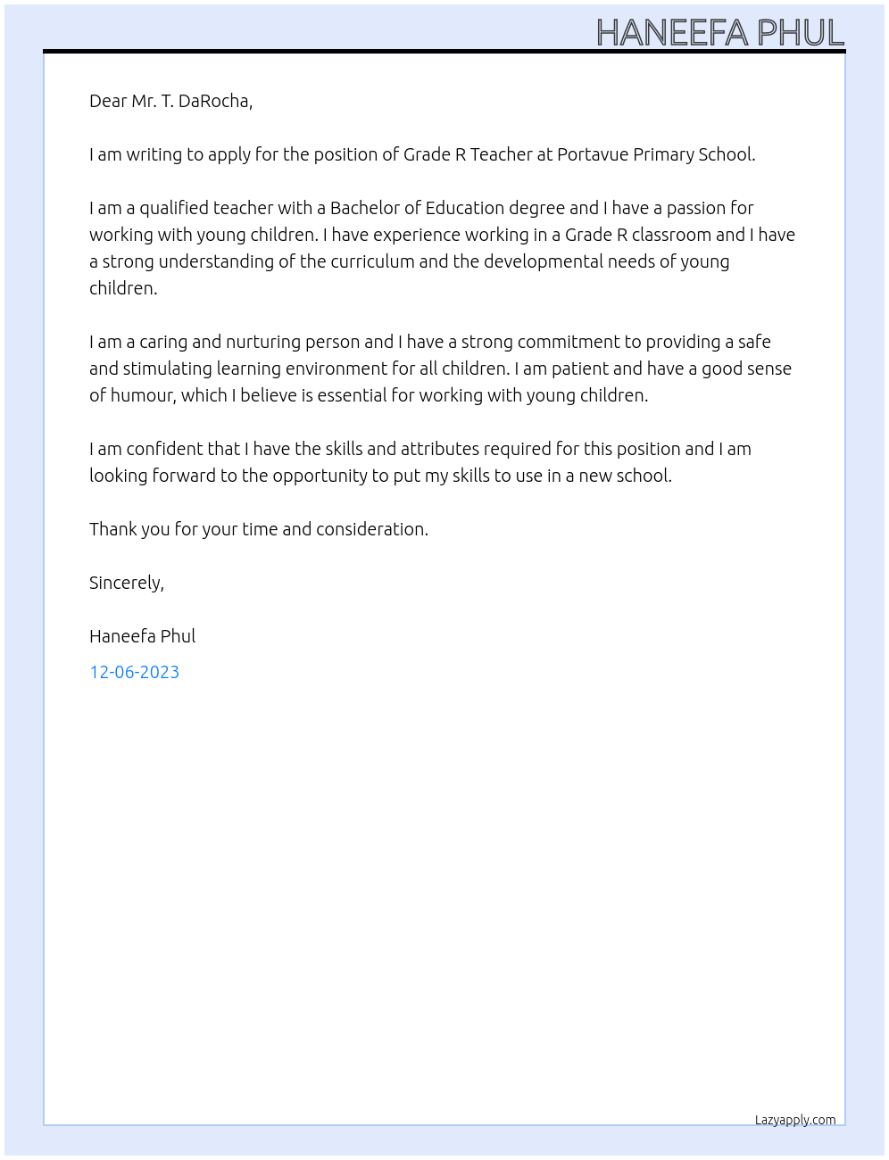 Grade R Teacher At Portavue Primary School Cover Letter