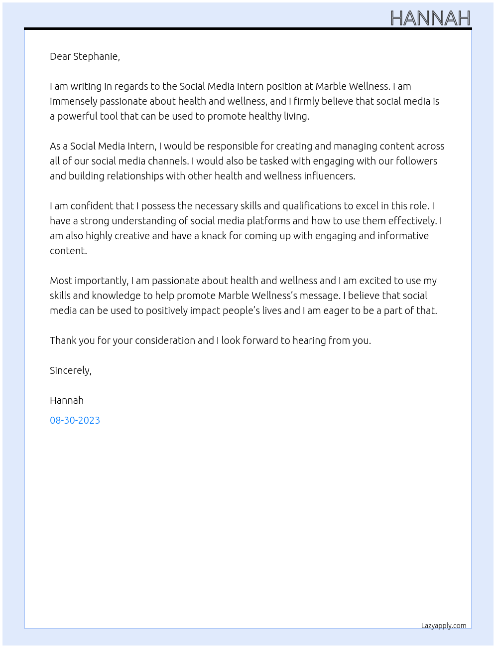 Social Media Intern At Marble Wellness Cover Letter