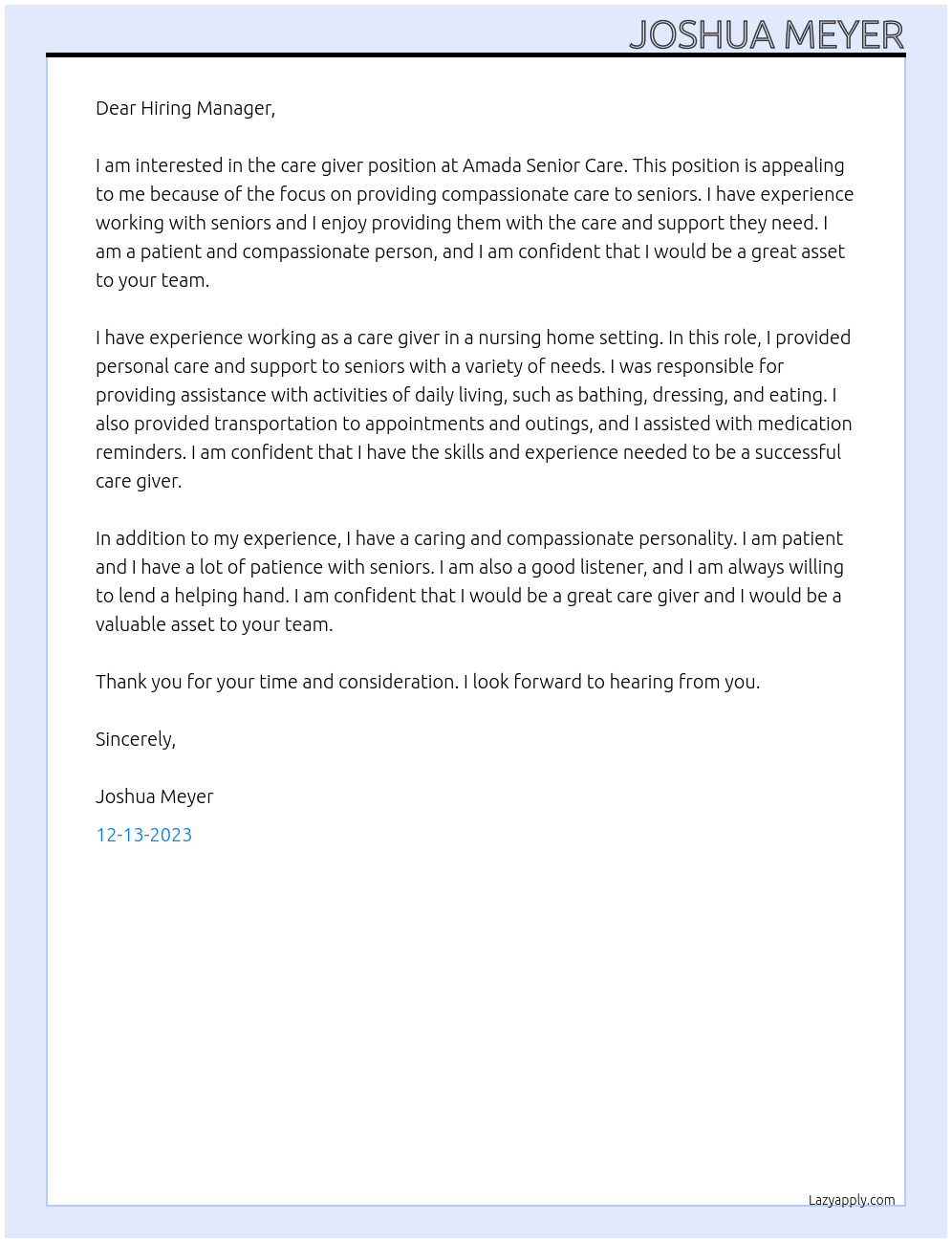 Care Giver At Amada Senior Care Cover Letter