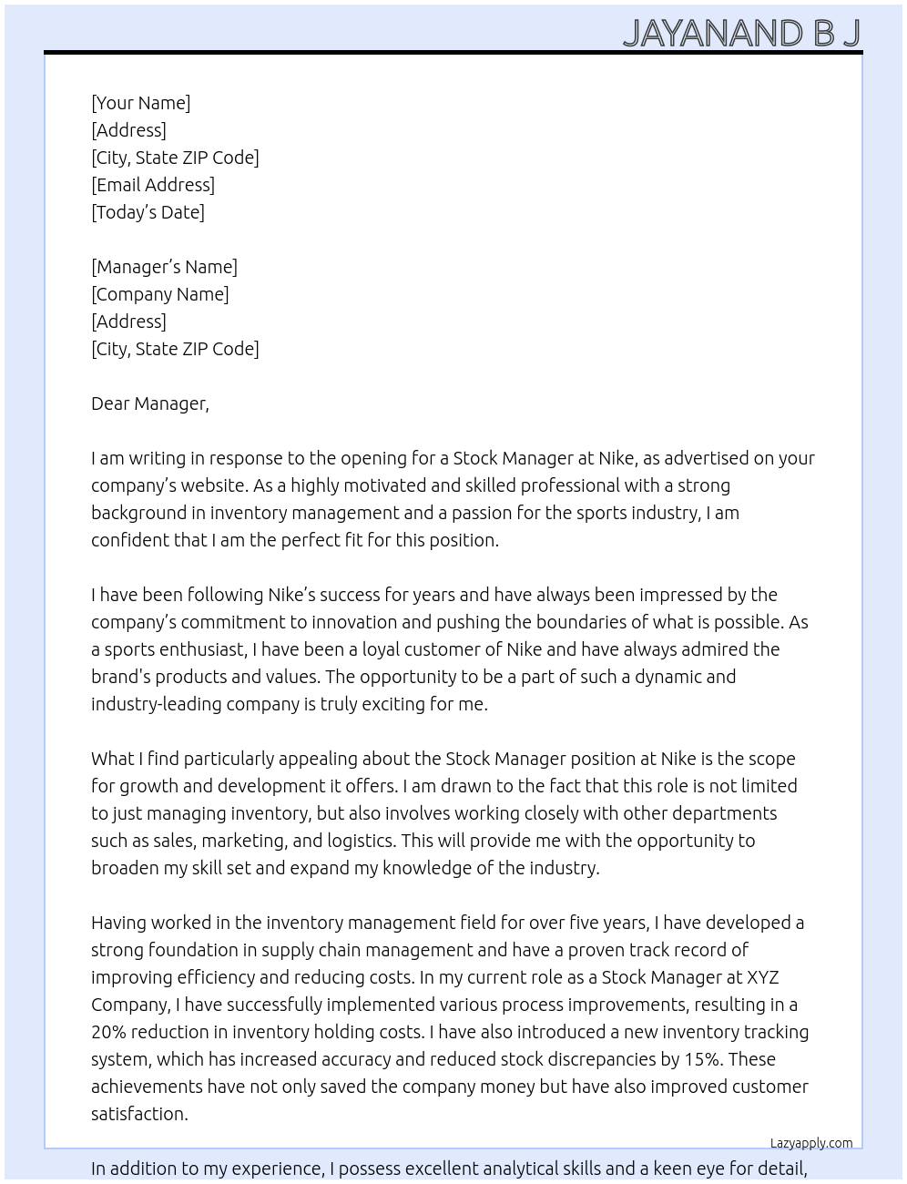 Stock Manager At Nike Cover Letter