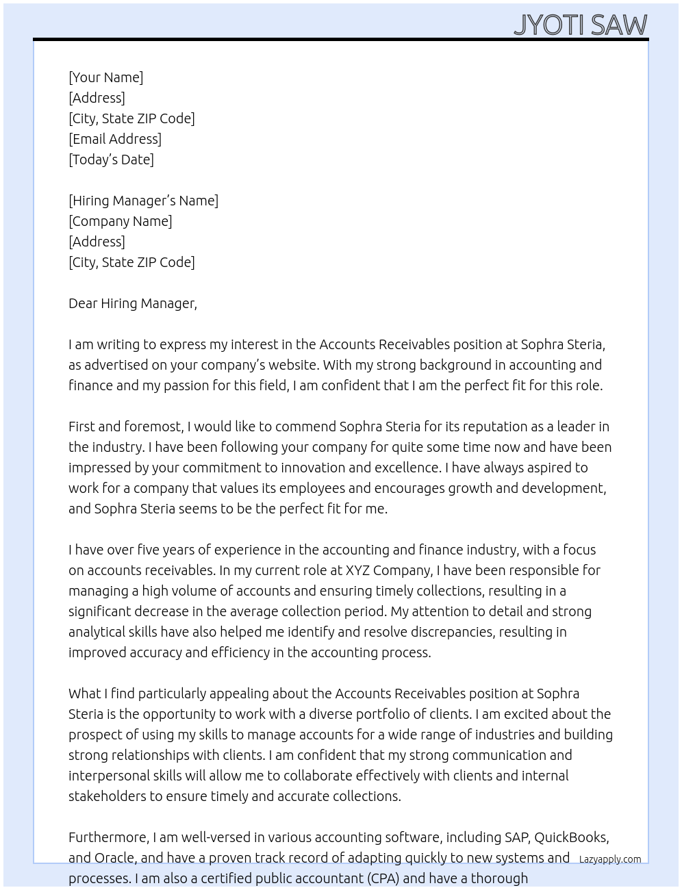 Accounts Receivables At Sophra Steria Cover Letter