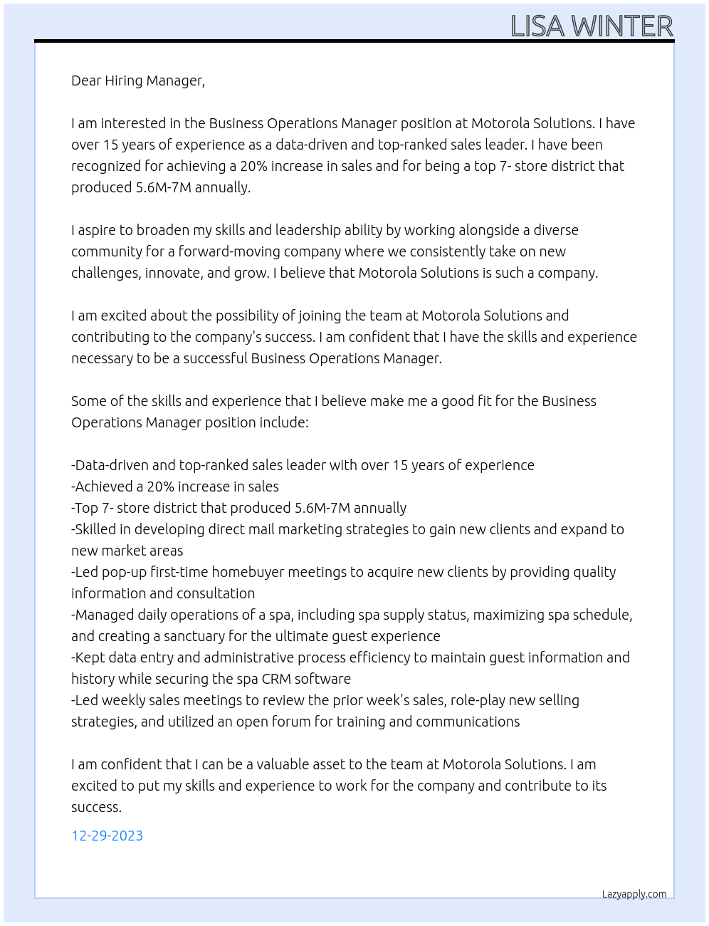 bUSINESS operations Manager At Motorola Solutions Cover Letter