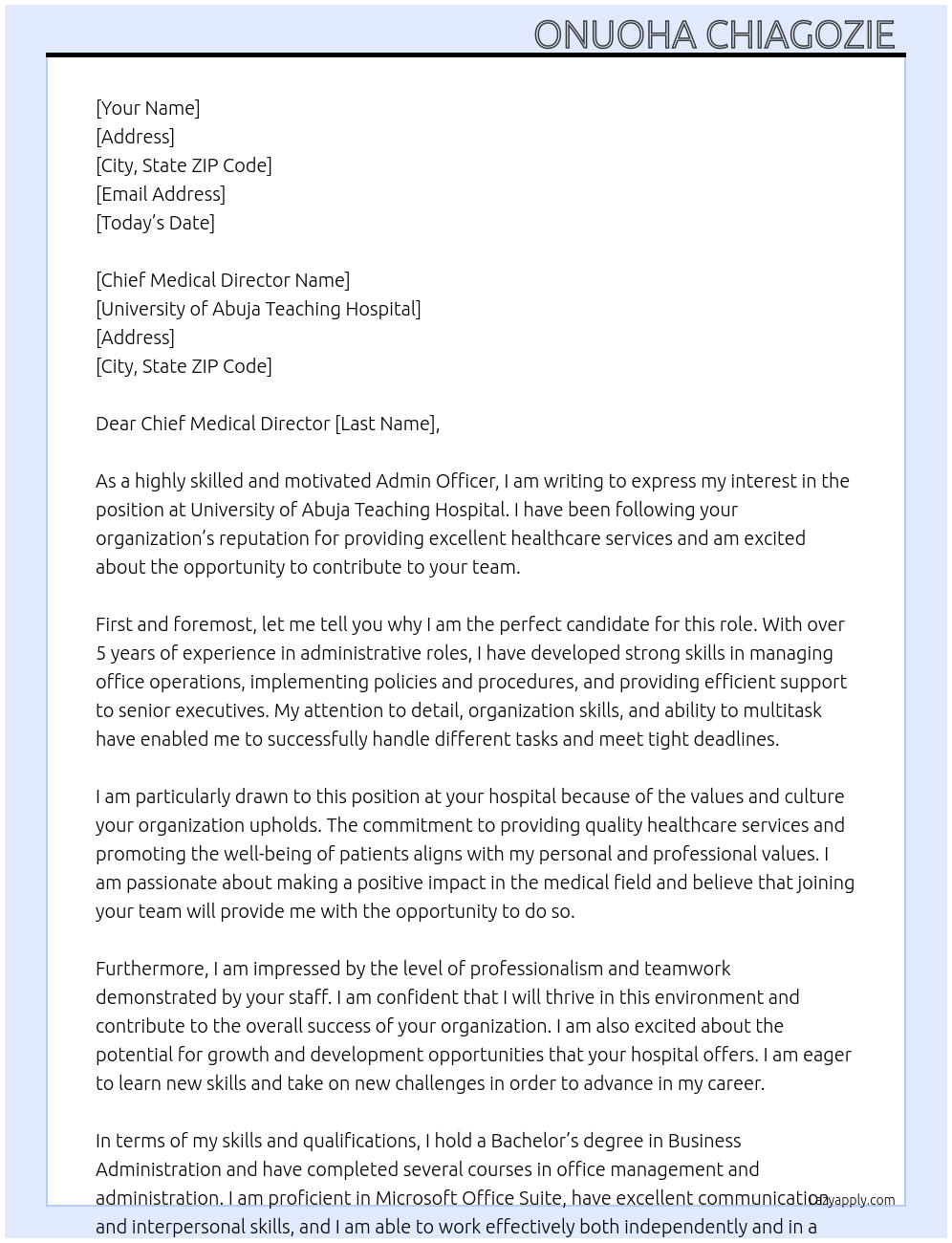Admin Officer At University of Abuja Teaching Hospital Cover Letter