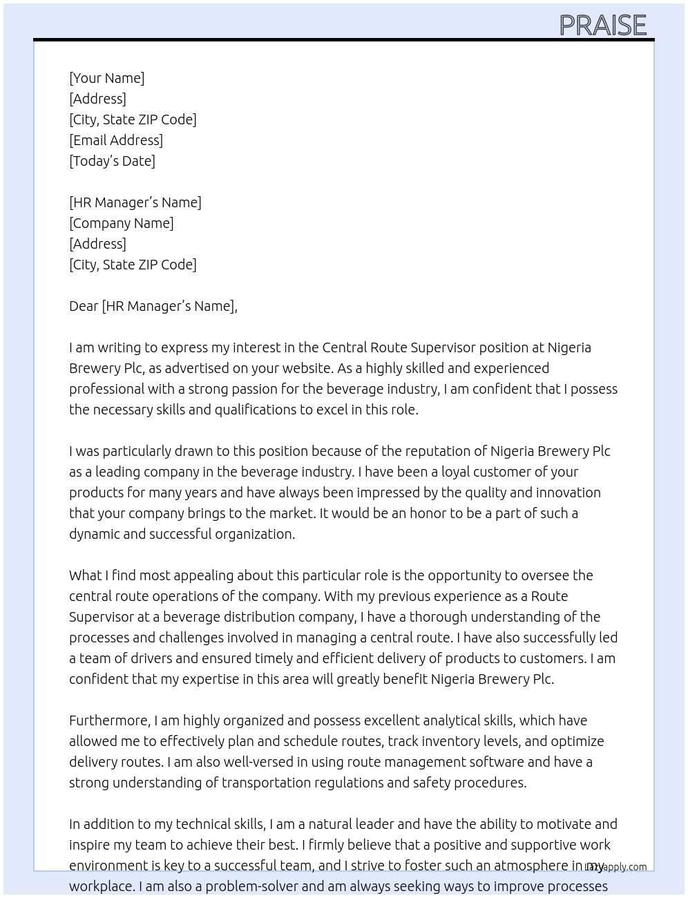 Central route supervisor  At Nigeria Brewery Plc Cover Letter