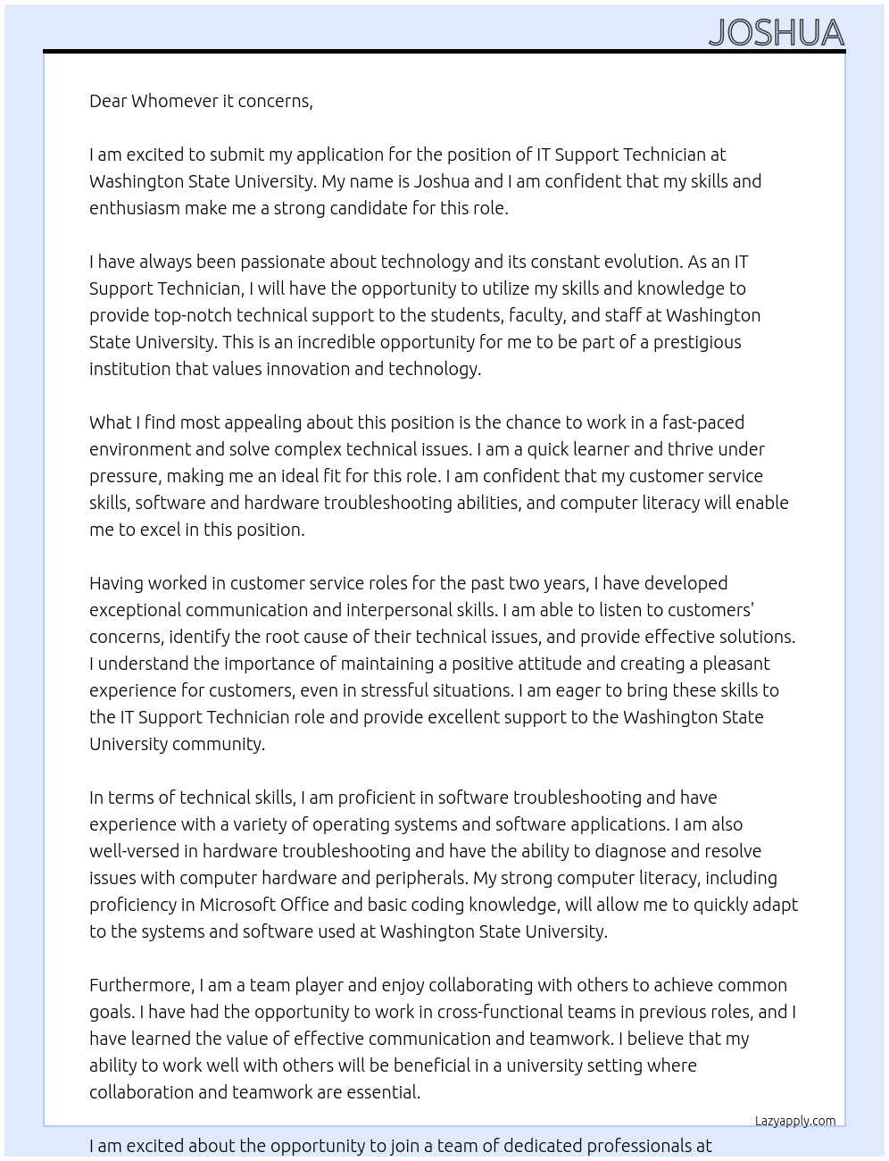 IT support technician At Washing State University Cover Letter