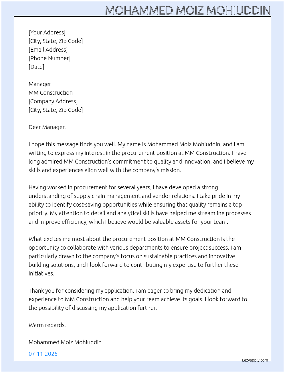 Cover letter for procurement - LazyApply