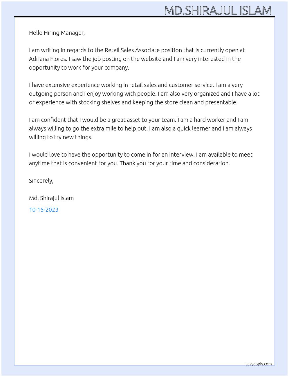Retail Sales Associate At Adriana Flores Cover Letter