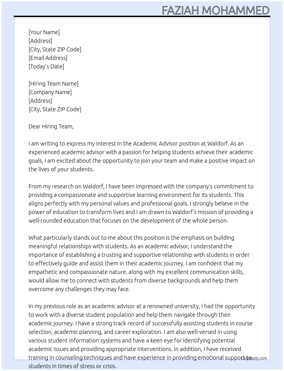Academic advisor At Waldorf Cover Letter