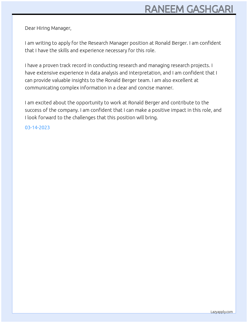 Research Manager At Ronald Berger Cover Letter