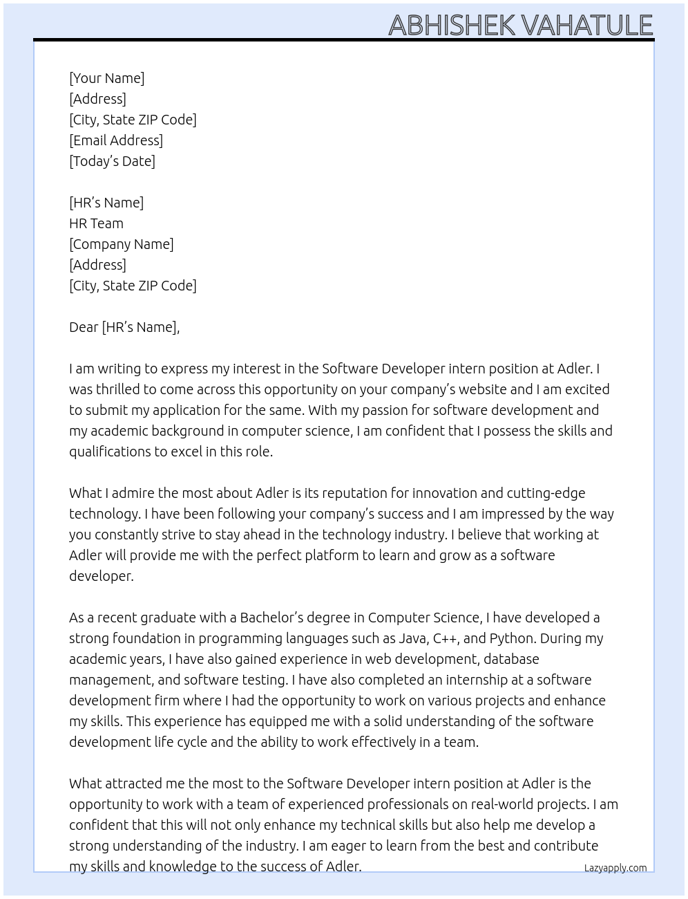 Software Developer intern At Adler Cover Letter