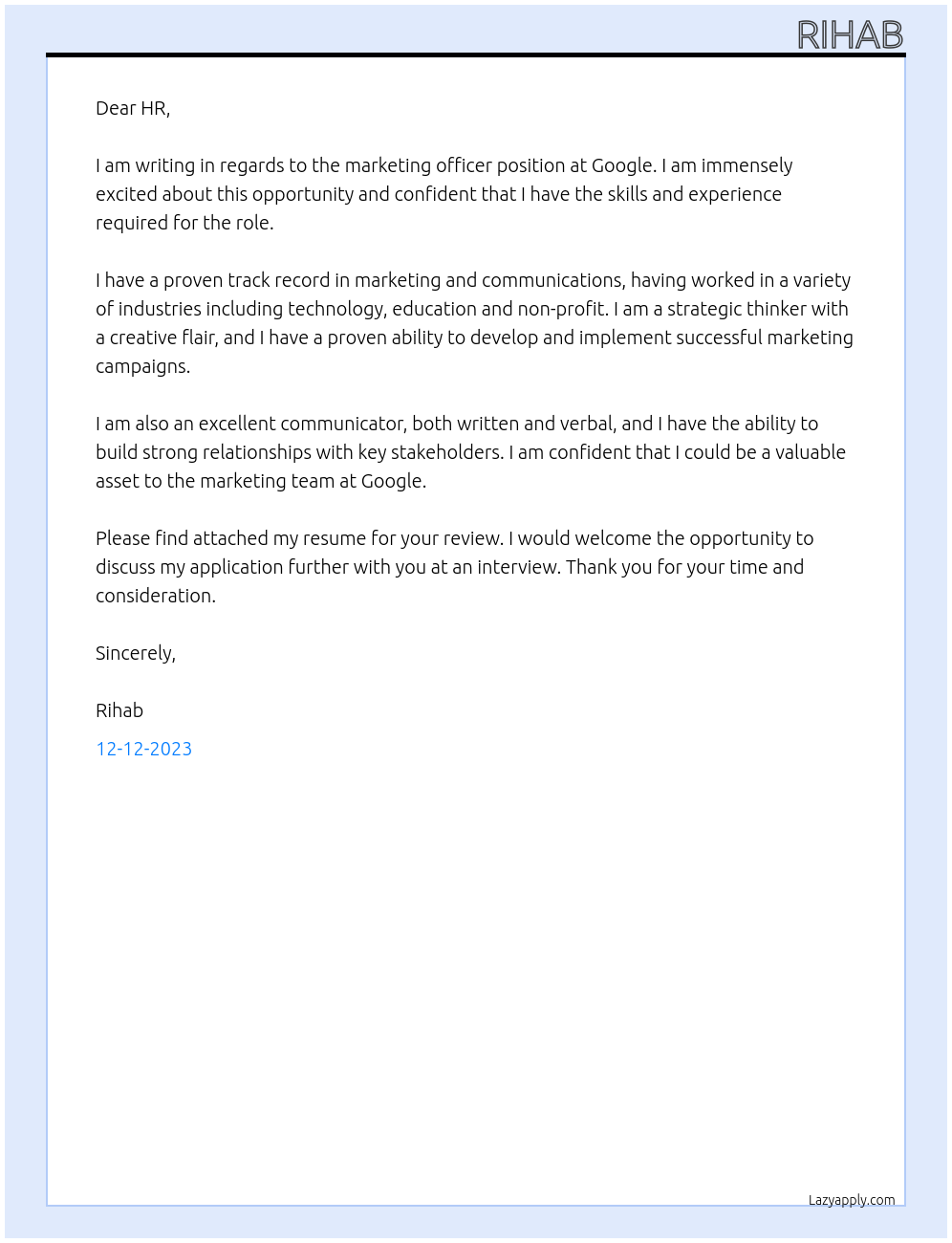 marketing officer At google Cover Letter