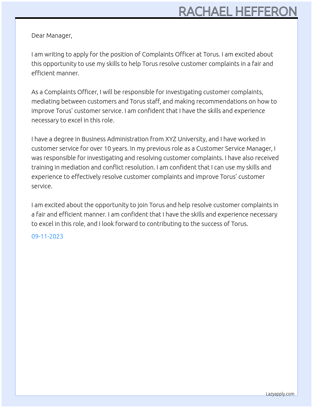 Complaints Officer At Torus Cover Letter