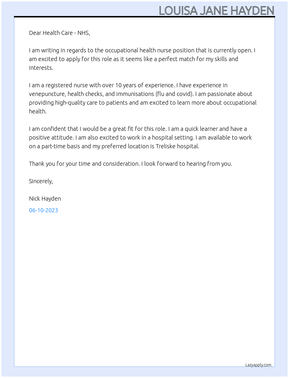 occupational health nurse At Health Care - NHS Cover Letter