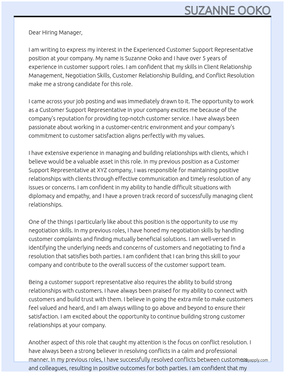 Cover letter for experienced customer support representative needed - LazyApply