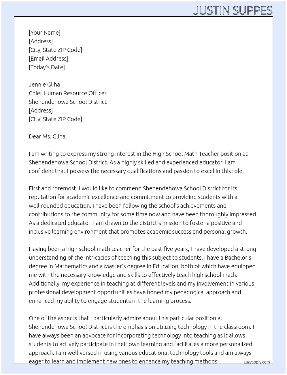 high school math teacher At Shenendehowa School District Cover Letter