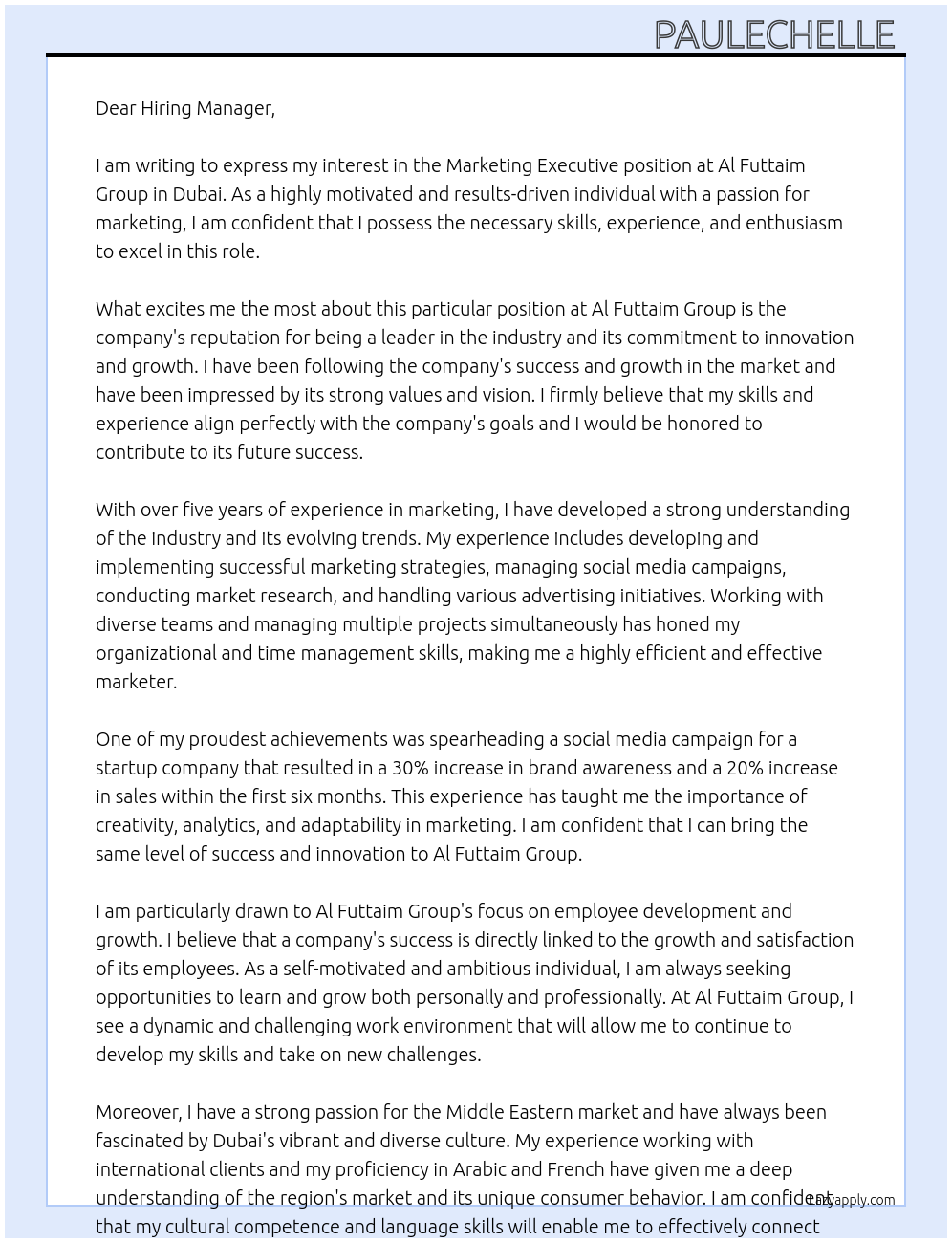 Marketing Executive At Al Futtaim Group Cover Letter