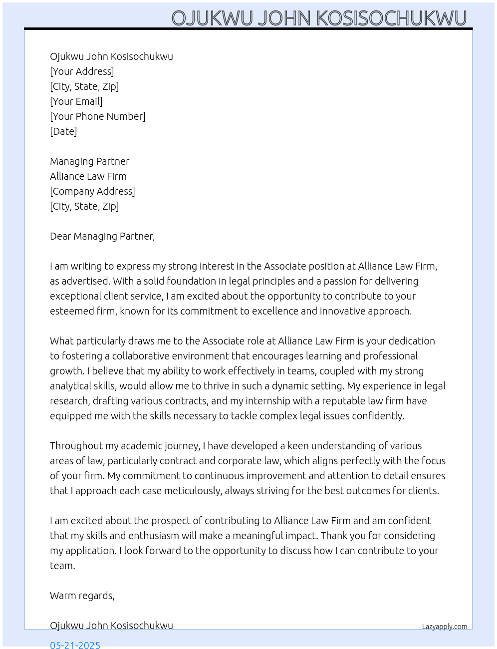 Associate At Alliance law firm  Cover Letter