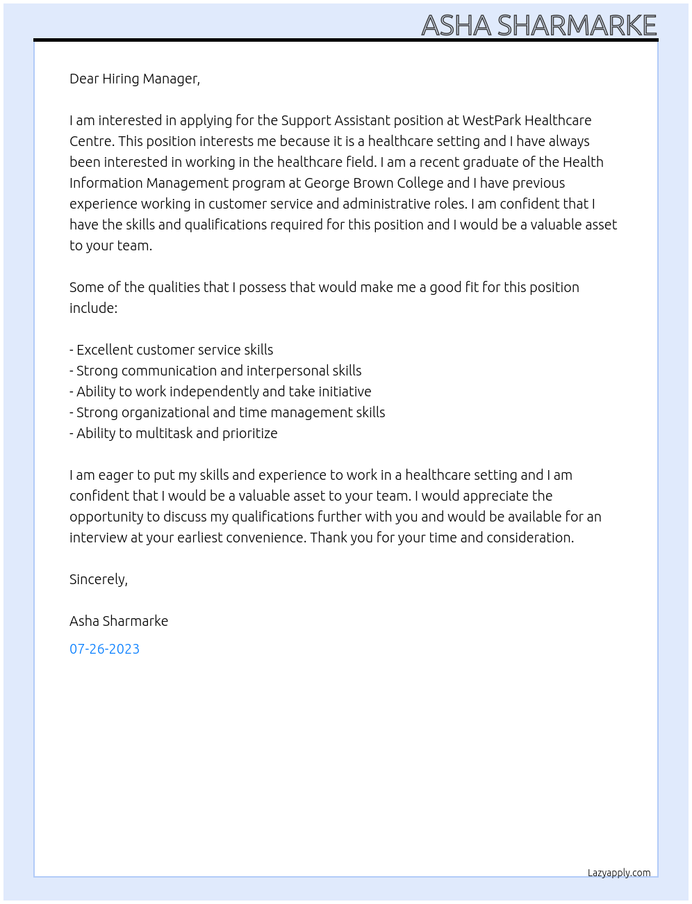 Support Assistant At WestPark Healthcare Centre Cover Letter