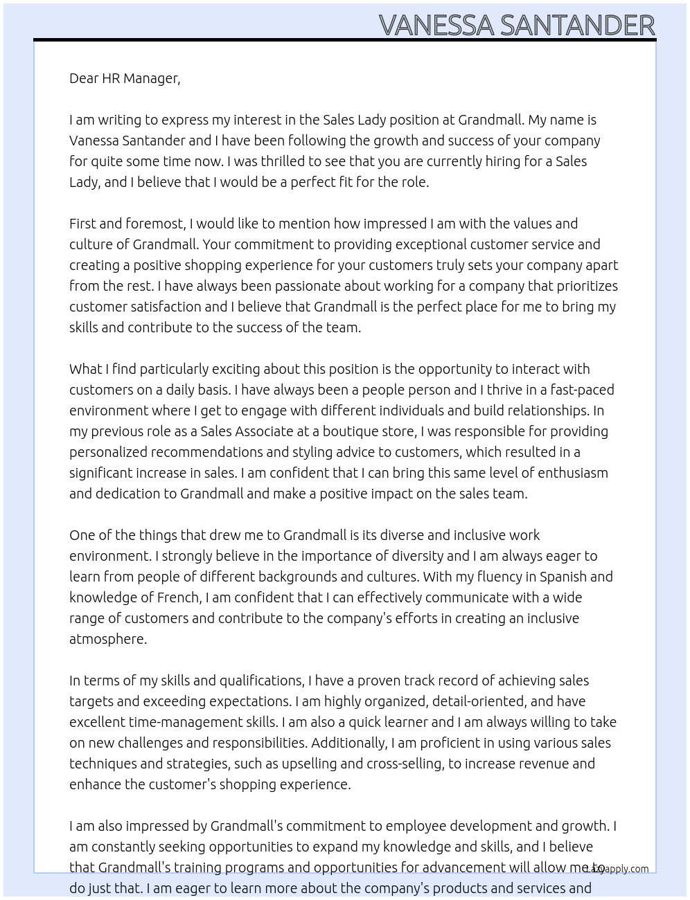 Sales Lady At Grandmall Cover Letter