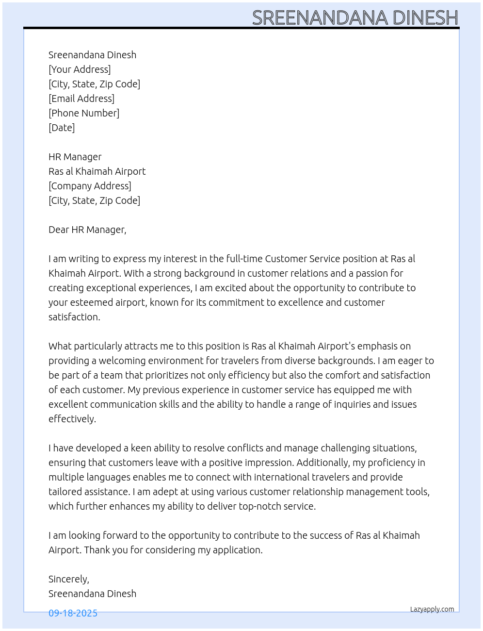 customer service At Ras al Khaimah airport Cover Letter