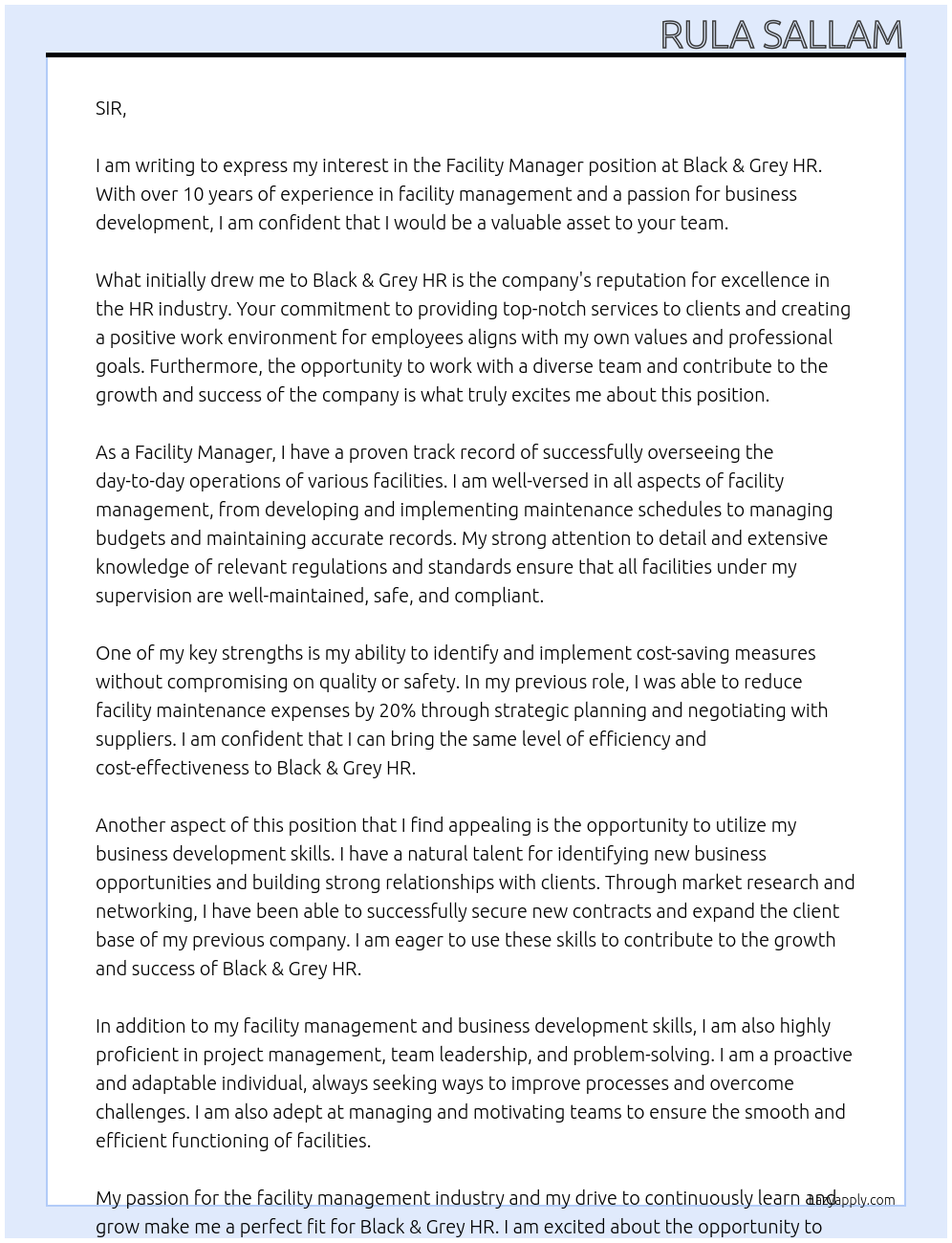 FACILITY MANAGER At Black & Grey HR Cover Letter