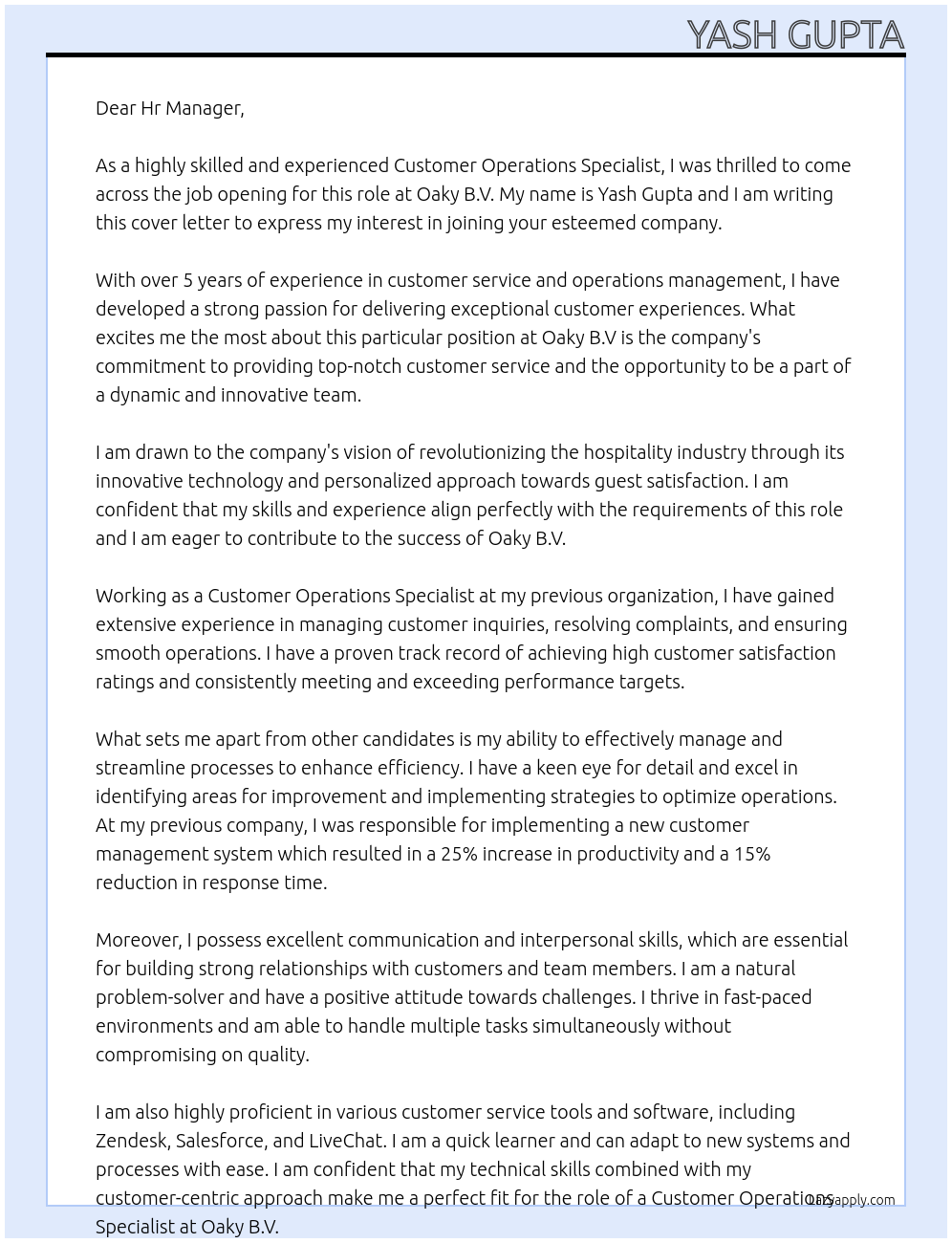 Customer Operations Specialist At Oaky B.V Cover Letter