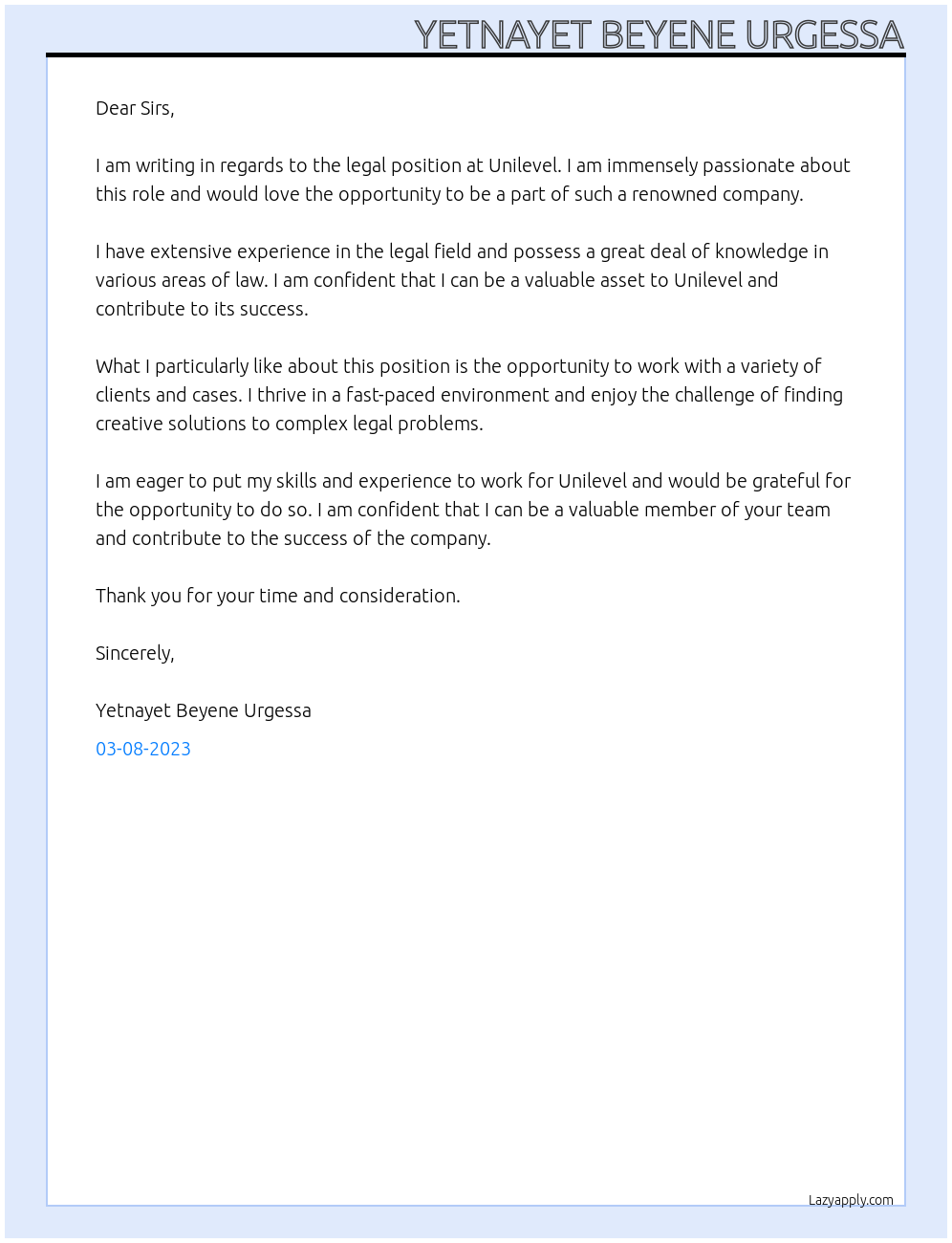 legal At Unilevel Cover Letter