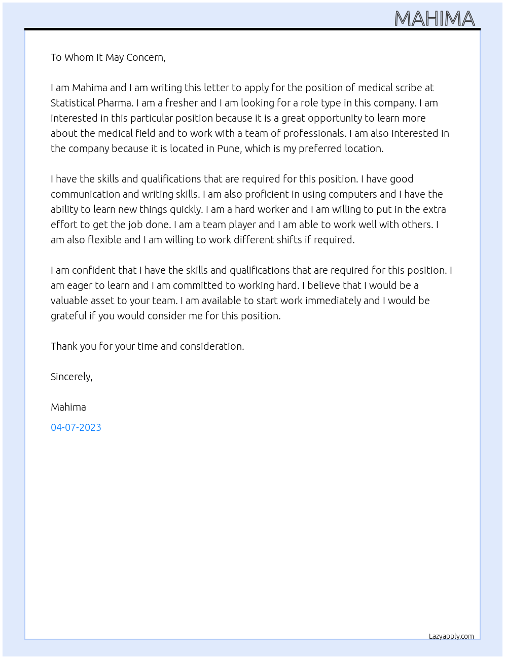 Medical scribe At Statistical Pharma Cover Letter