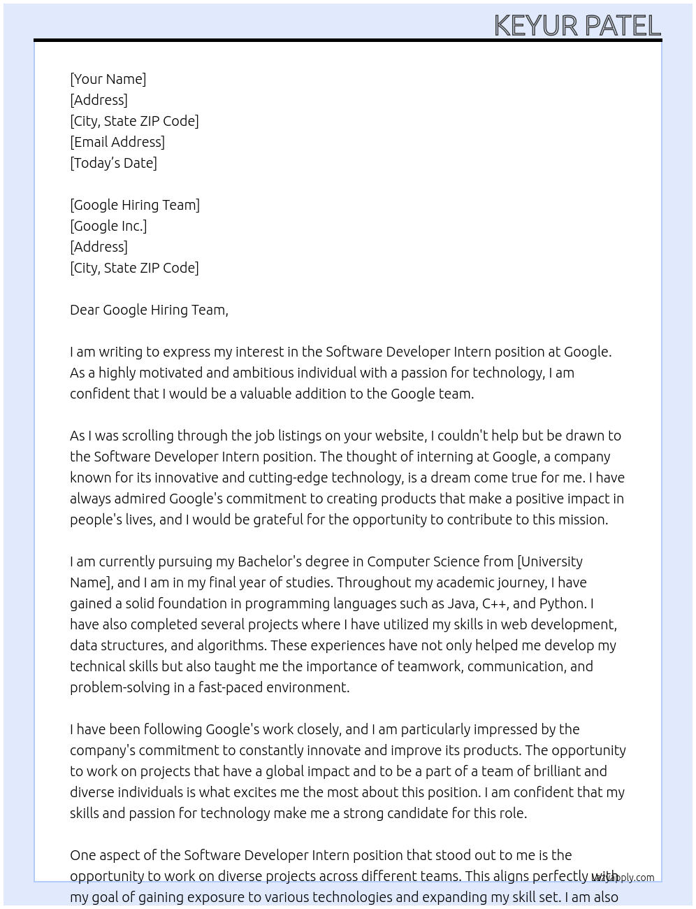 software developer intern At google Cover Letter