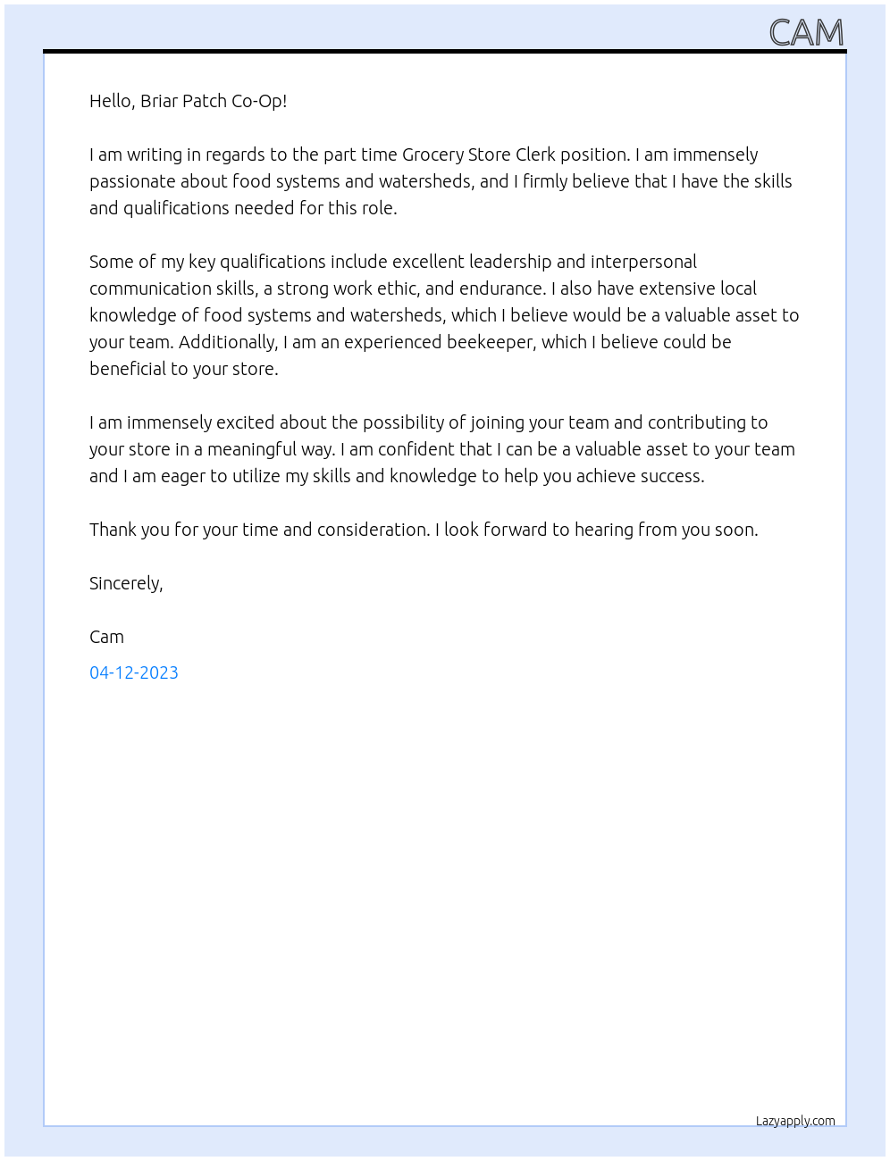 Grocery Store Clerk At Briar Patch Co-Op Cover Letter