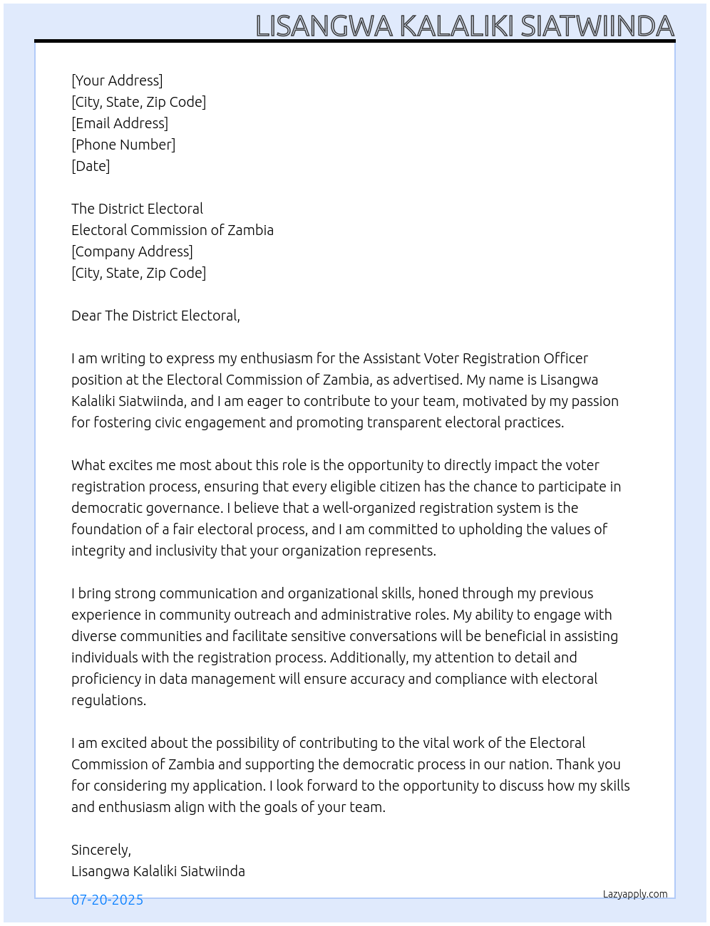 assistant voter registration officer At Eletoral Commision of Zambia Cover Letter