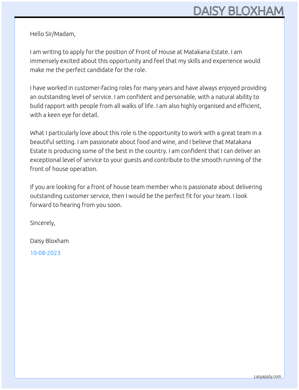 Front of house At Matakana Estate Cover Letter