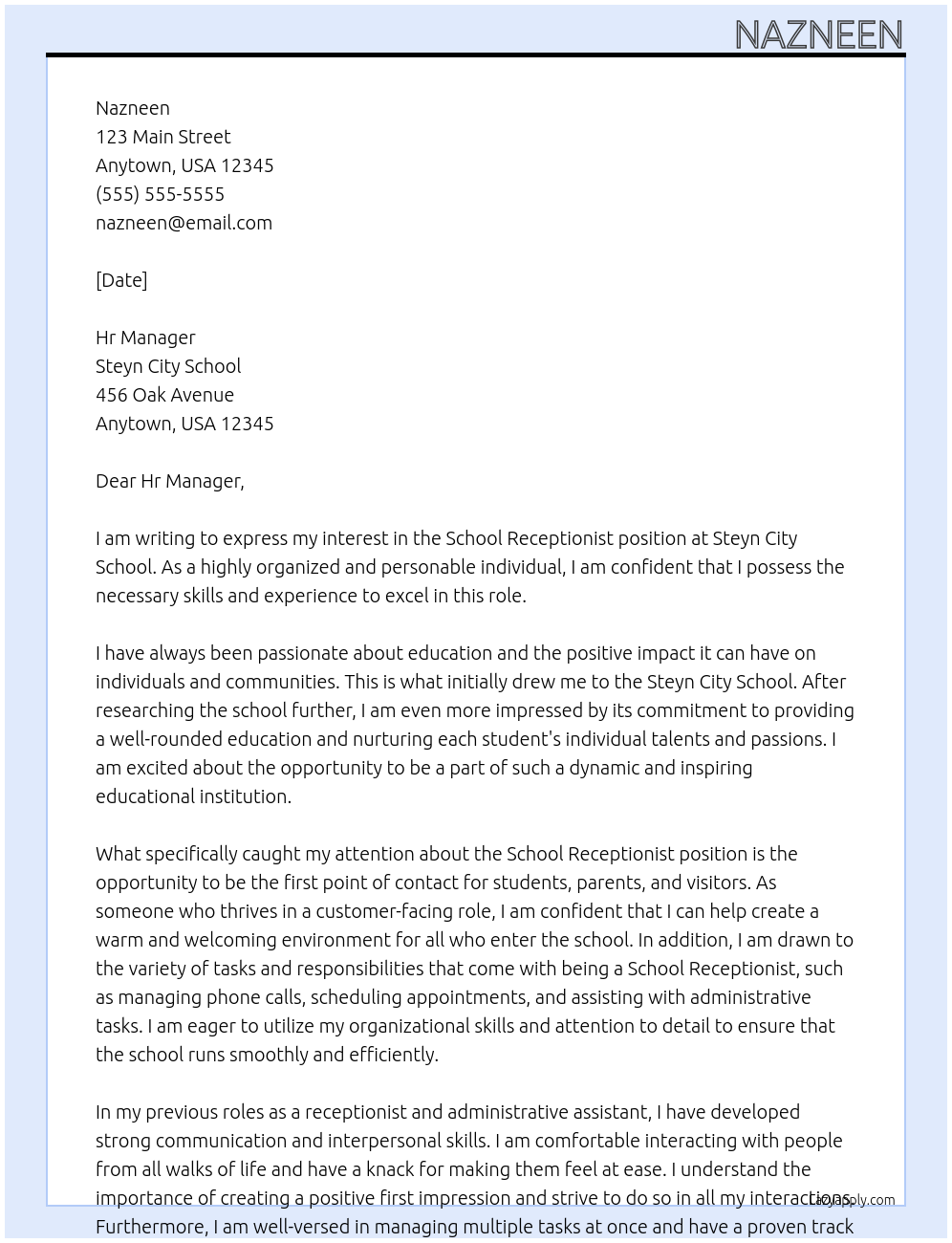 School Receptionist At Steyn City School Cover Letter