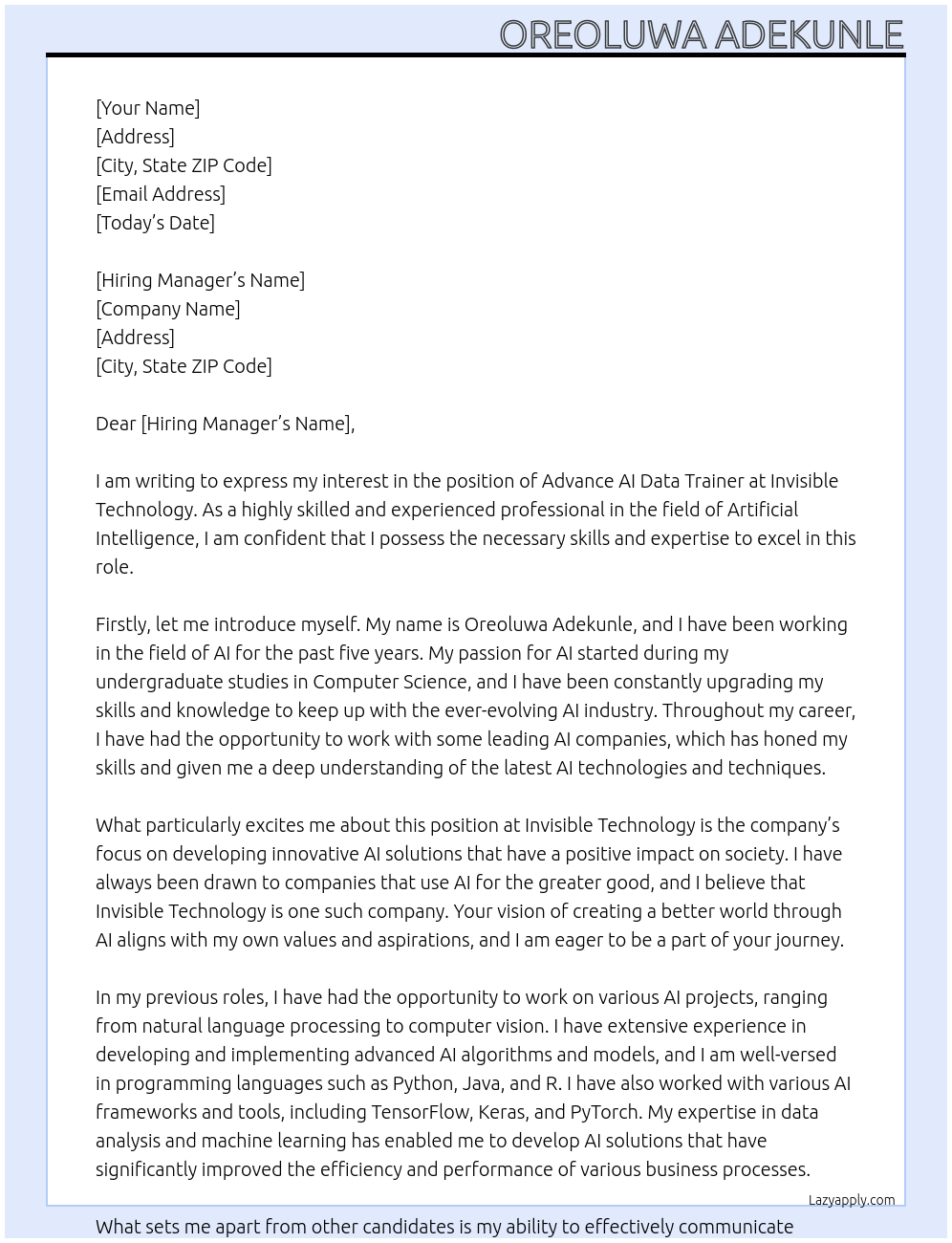 Advance AI data trainer At invisible technilogy Cover Letter