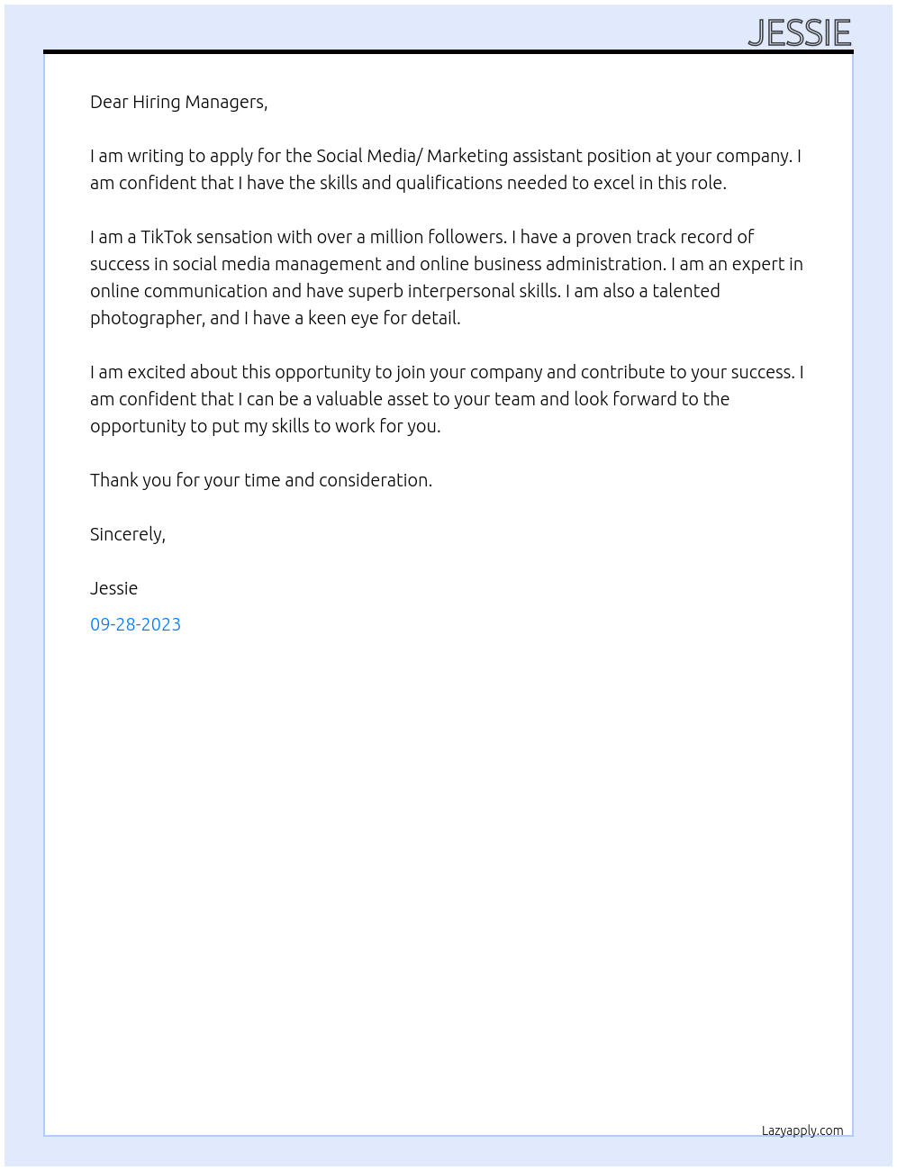 Social Media/ Marketing assistant  At Social Media/ Marketing assistant  Cover Letter